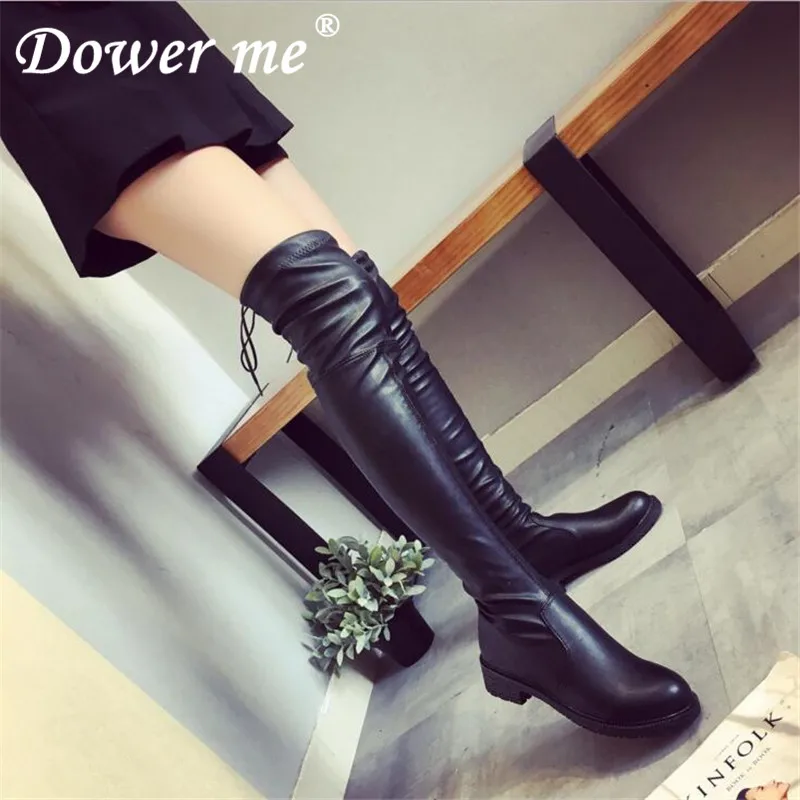 

NEW 2019 autumn winter long boots NEW style women flat low heel over the knee boots female lace up Thigh High Comfortable Boots