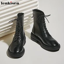 Lenkisen/мотоботы; ботинки из натуральной кожи в британском стиле; модные зимние ботильоны на среднем каблуке с круглым носком; сохраняющие тепло; ботильоны на шнуровке; L9f1