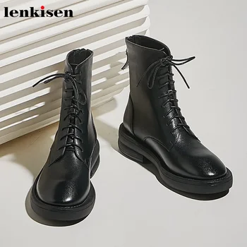 

Lenkisen motorcycles boots genuine leather British fashion med heel round toe winter keep warm lace up young ankle boots L9f1