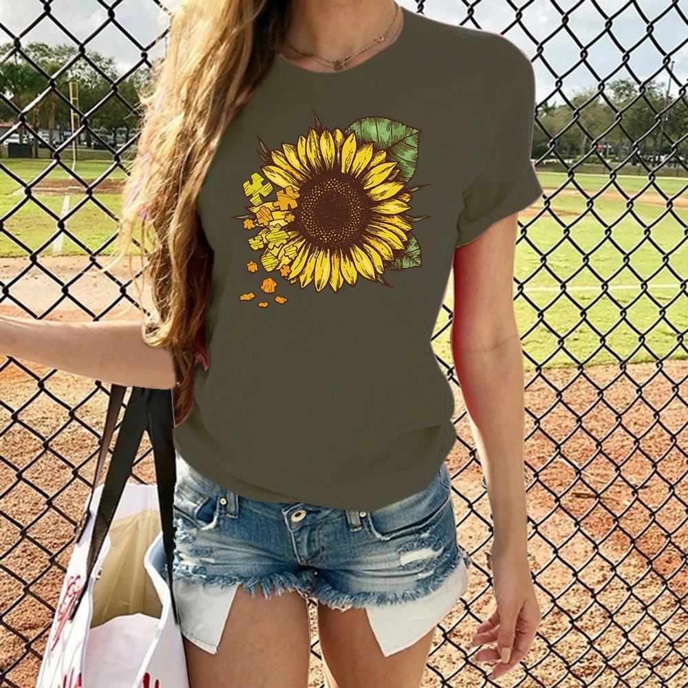 NIBESSER Летняя женская футболка с коротким рукавом, футболка с принтом подсолнуха, модные повседневные топы с круглым вырезом, футболка размера плюс 5XL - Цвет: Green
