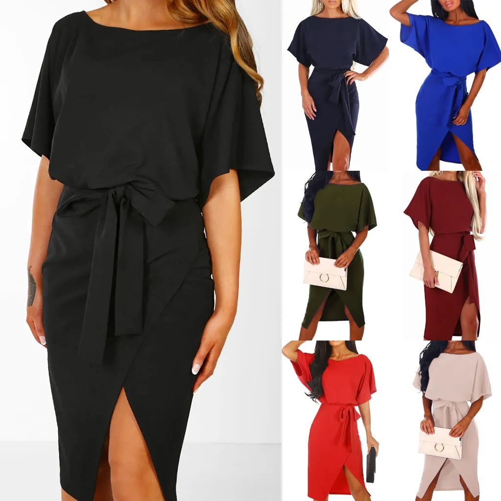 

Women Dress 2019 Summer Fashion Womens Summer Short Sleeve Wrap Dress Ladies Plain Tie Wasit Slim Midi Dresses Party Dresses
