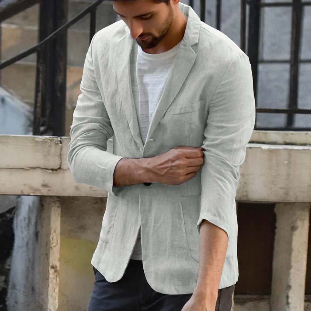 Hot Men Slim Fit Linen Blend Blazers Business Suits Solid Color Slim Dress Business Suit Long Sleeve Blazer Jacket Outwear