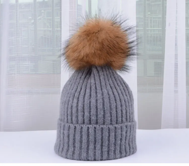 winter hats for girls kids boys knitted hat girl pom pom hat kids girls children natural raccoon Winter hats for children (14)