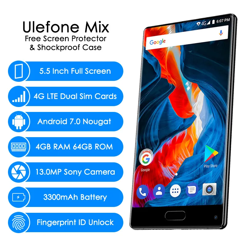 Ulefone Mix 4G LTE Dual Sim Card Smartphone 5.5 Inch Android 7.0 Nougat Octa Core 4G+64G 13MP Mobile Phone Fingerprint Cellphone