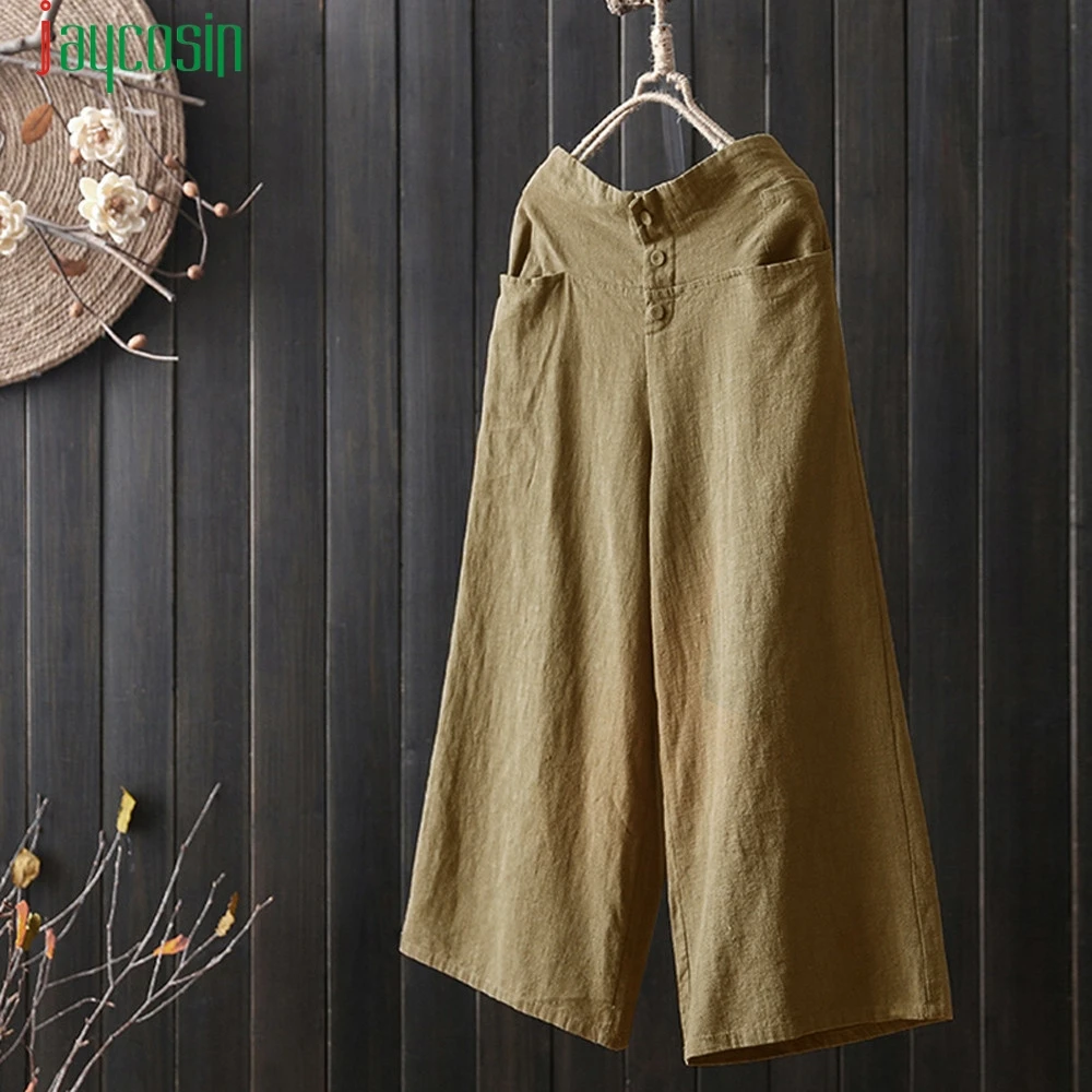 

Beige Women High Waist Wide Leg Culottes Cotton Soild Color Linen Trousers Pockets Loose Pants De Moda 2018 SE0805