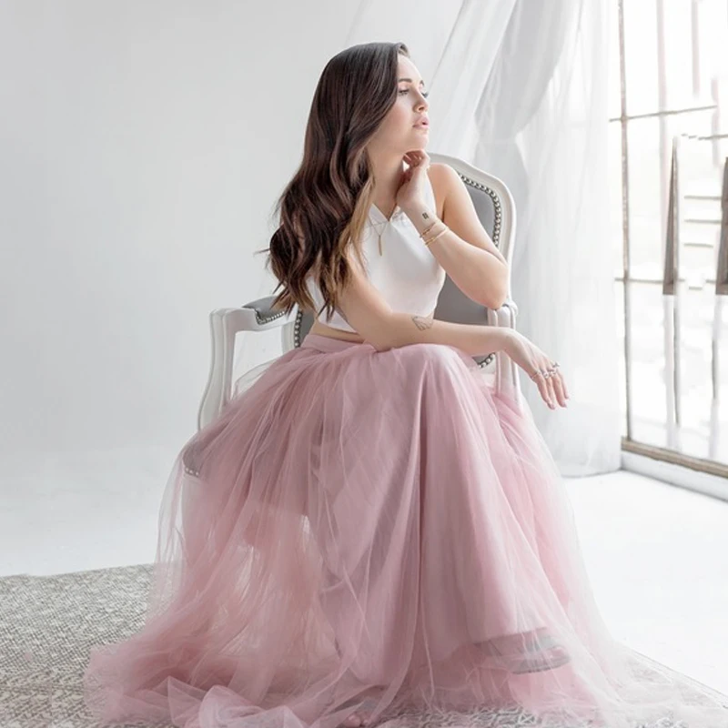 

Dusty Pink Soft Tulle Ribbon Zipper Waist Women Long Skirt 3 layers Summer Beauty Lady Girl Saia Faldas Skirts Bridesmaid Causal