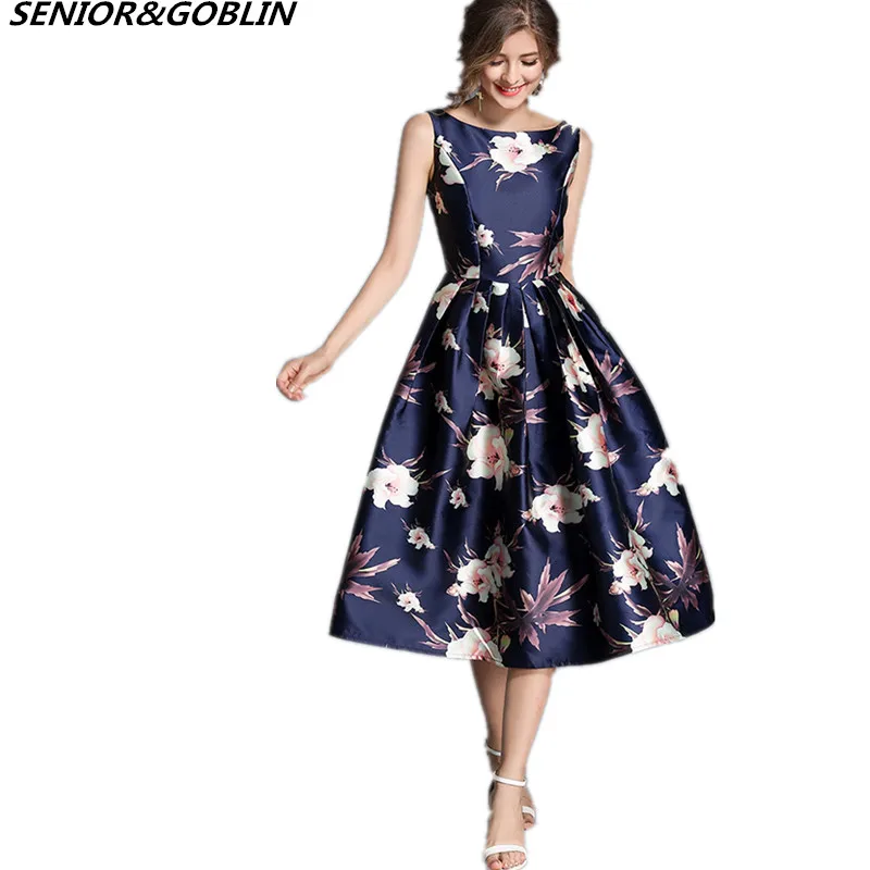 

2019 High Quality New European Style Spring Summer Blue Print Dress Women Retro Casual Robe Femme Party Dressses