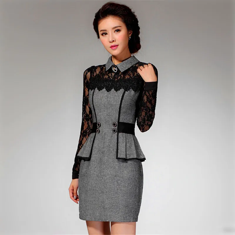 2016 spring summer Women Formal Office Casual Dress New Plus Size Fashion Elegant Lace Patchwork Long Sleeve Bodycon Dresses