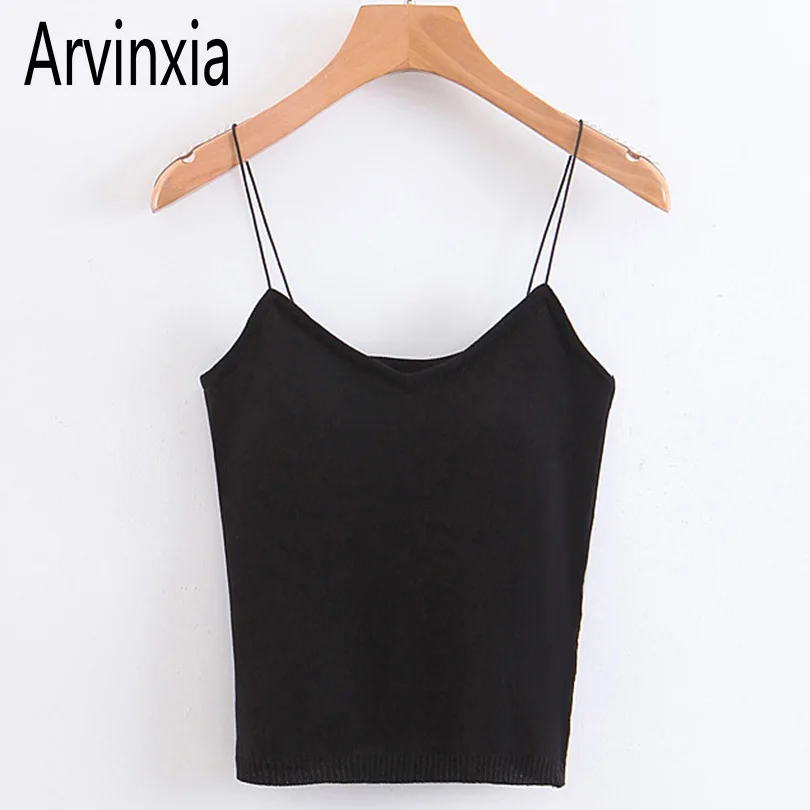 

Arvinxia ZA Sexy Solid Spaghetti Strap Woman Tops Chic Streetwear Lady Tank Tops Fashion Sleeveless Knitted High Waist Cami Tops