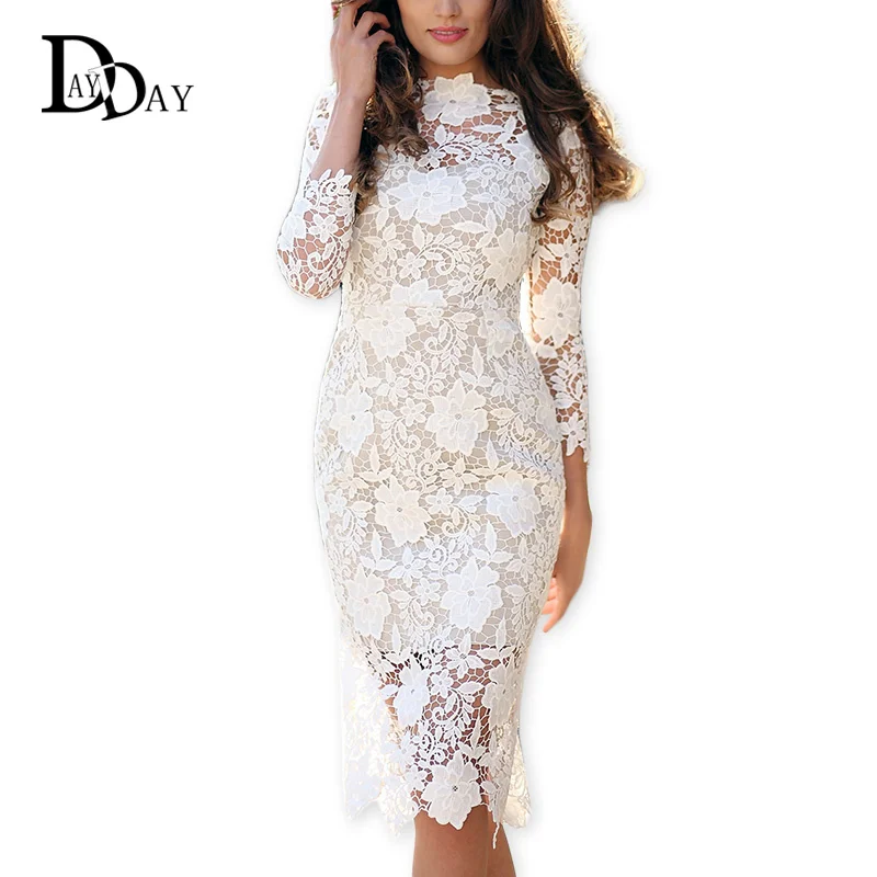 CLEARANCE Designer Women White Lace Dress Bodycon Floral Lace Crochet