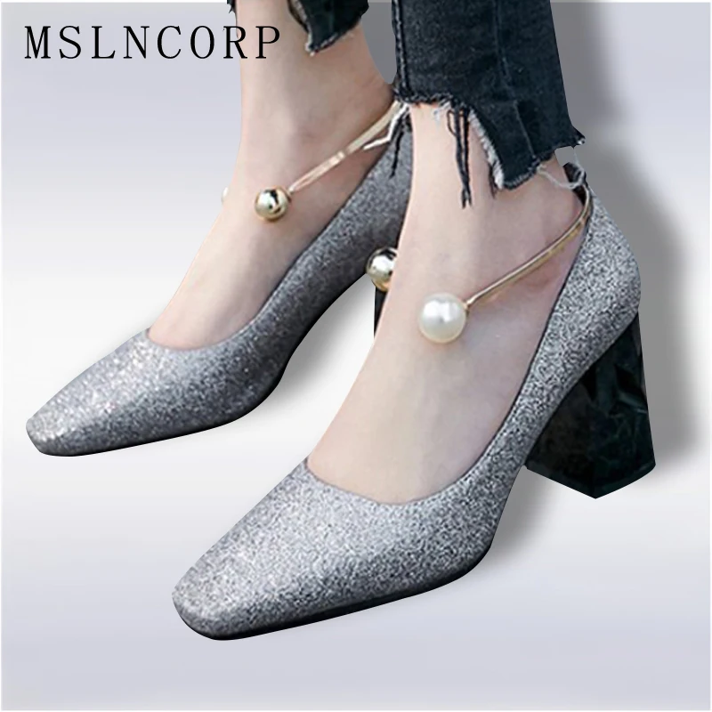 

Plus Size 34-48 High Heels Women Pumps Office Lady Square Toe Pearl Metal Decoration Footwear Spring Elegant Brand Ladies Shoes