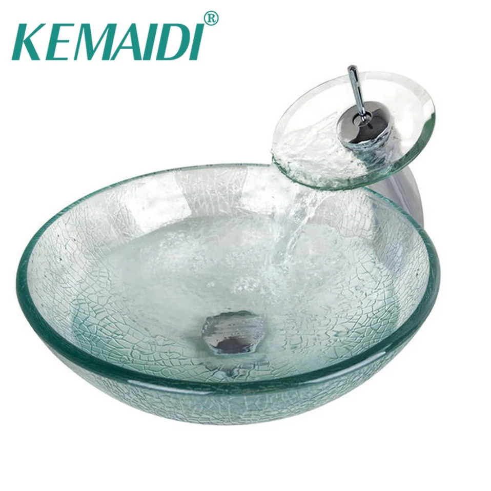Круглая раковина из закаленного стекла KEMAIDI Crackle с водопадом кран латуни набор