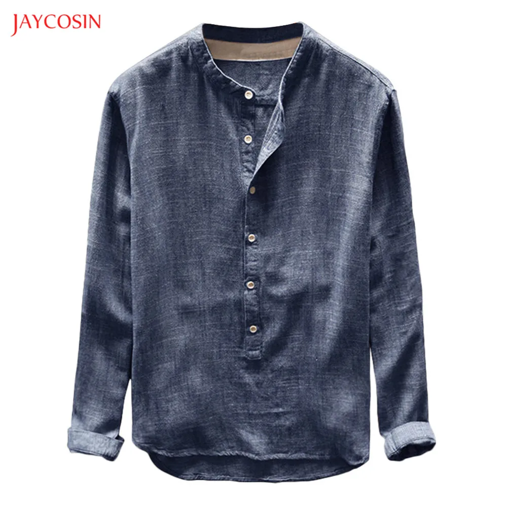 Jaycosin одежда мужские рубашки с длинным рукавом Блузка Лето Весна v-образным вырезом Кнопка Повседневная льняная Мода Топ блузка рубашка для мужчин 4xL