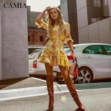 CAMIA ZIM дизайнерское желтое платье с коротким рукавом и принтом женский o-образный вырез с высокой талией, рукава-трубы с мини-платьем