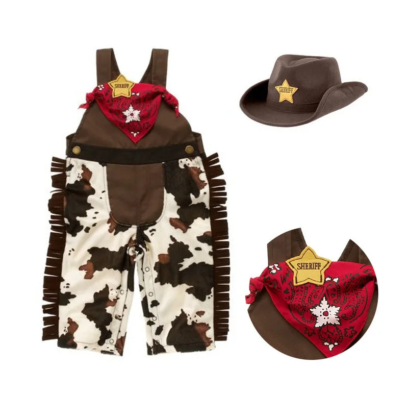 

Baby cowboy romper costume infant toddler boy girl clothing set 3pcs hat +scarf +romper halloween purim event birthday outfits