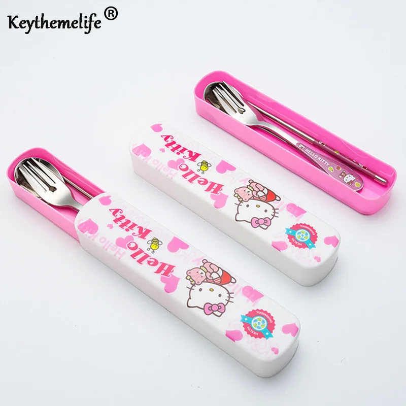 

Keythemelife Hello kitty Tableware with portable Box Stainless Steel Cutlery Dinnerware Outdoor Travel friend family EA