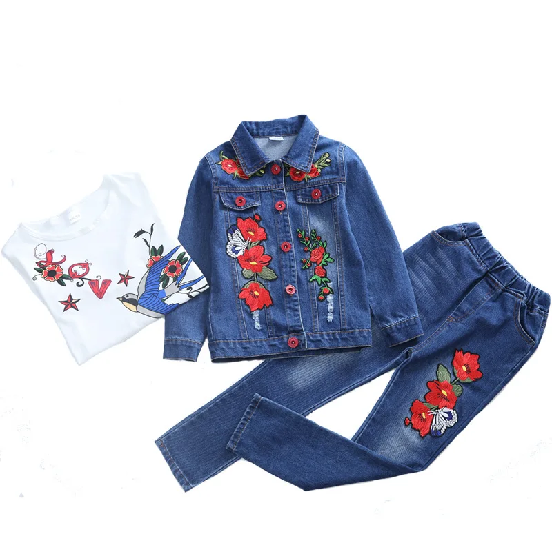 

New Back To School Outfit Girls 2/3 Pcs Suits Denim Top + White T Shirt + Flower Embroidered Pants Kids Clothes Girls 8 To 12