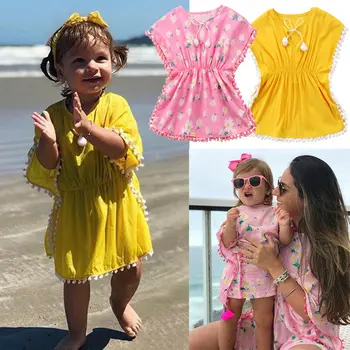 

Kids Beach Dress 2019 New Summer Baby Girls Dress Beach Cover Up Sundress Flower Fringe Dresses Yellow Pink Tassels Swim Wear