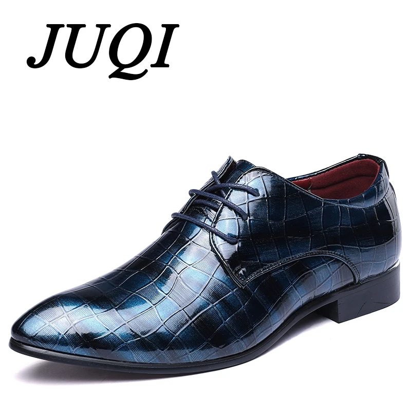 

JUQI Men Dress Shoes Patent Leather Pointed Toe Business Wedding Shoes Men Lace-Up Oxford Shoes Big Size 38-48