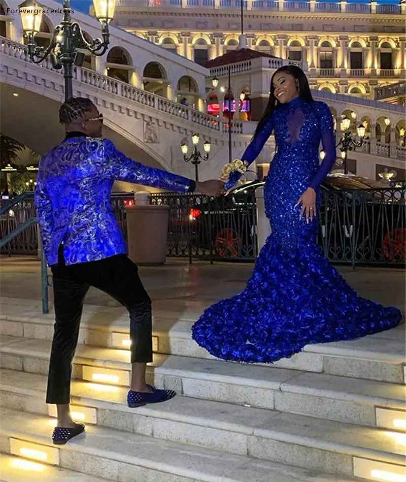 Gorgeous Royal Blue Mermaid Prom Dresses 2019 African Girls Sheer Long Sleeve Appliques Sequins Long Event Dress For Prom Season  248 (4)