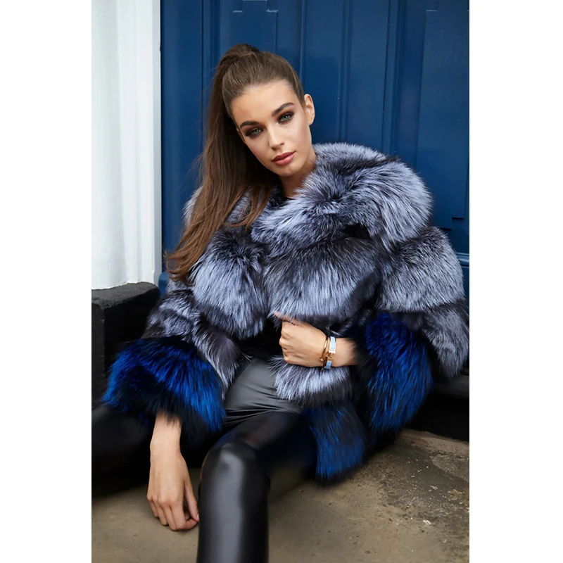 Модное пальто из меха серебристой лисы, женское повседневное зимнее плотное меховое пальто серебристого цвета с синим цветом размера плюс, роскошная куртка из натурального меха