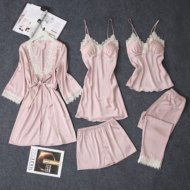 Женские пижамные комплекты, 5 шт., атласная пижама, шелковая Домашняя одежда, одежда для сна, домашняя пижама с нагрудными накладками - Цвет: Розовый