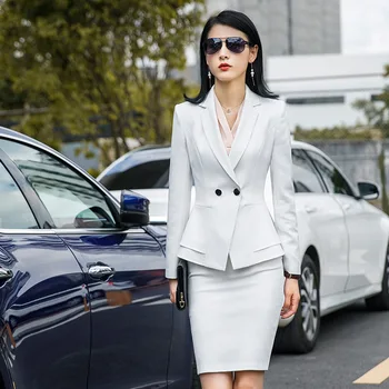 

Women's suit skirt suit women's fashion double-breasted slim suit two-piece (jacket + skirt) ladies business wear