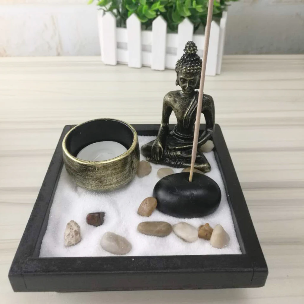 MagiDeal Trendy Japanese Buddha Zen Garden Buddhist Statue Tealight Incense Sand Meditation Fengshui Ornament Home Decor