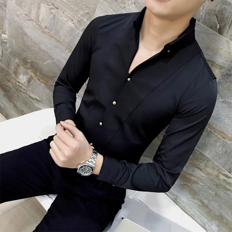 Quality Shirt Dress Brand New Slim Fit Mens Casual Shirts Solid All Match Streetwear V Neck Long Sleeve Shirt Men Clothes