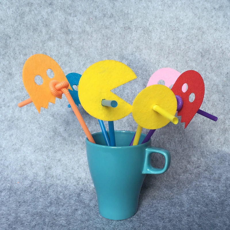 Freeshipping 24pcs Pac Man Straw Felt Flag Birthday Party
