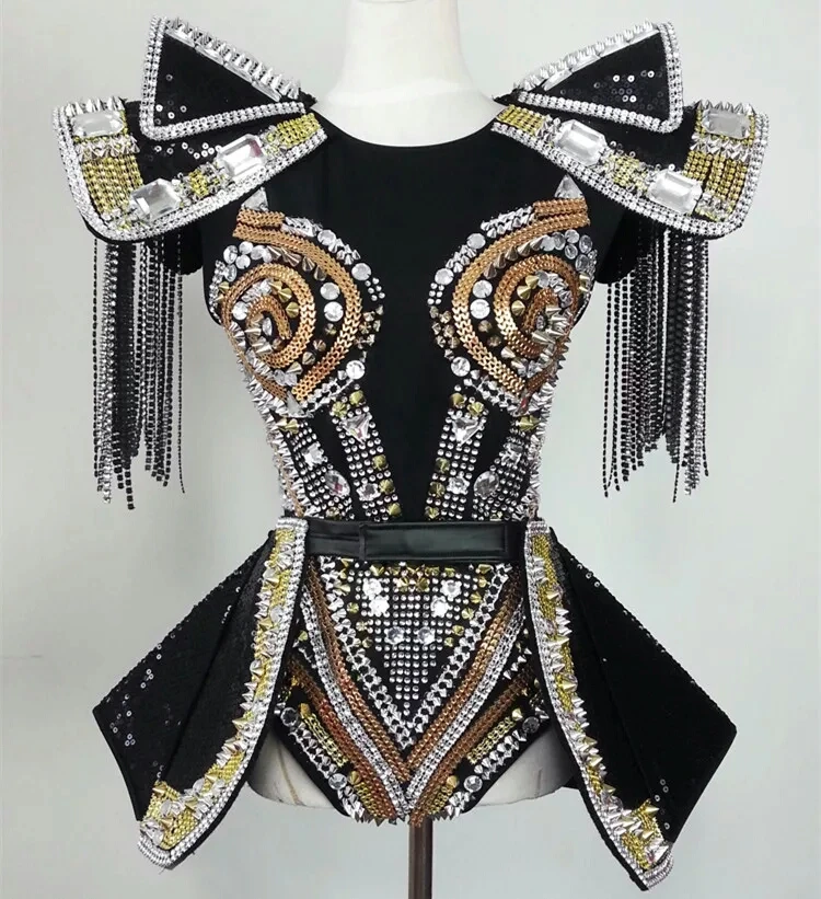 

Female Singer DJ Carnival Evening Party Rompers Stage Show Domineering Rivet Shrug Shoulder Tassel Leotard Costume Customized