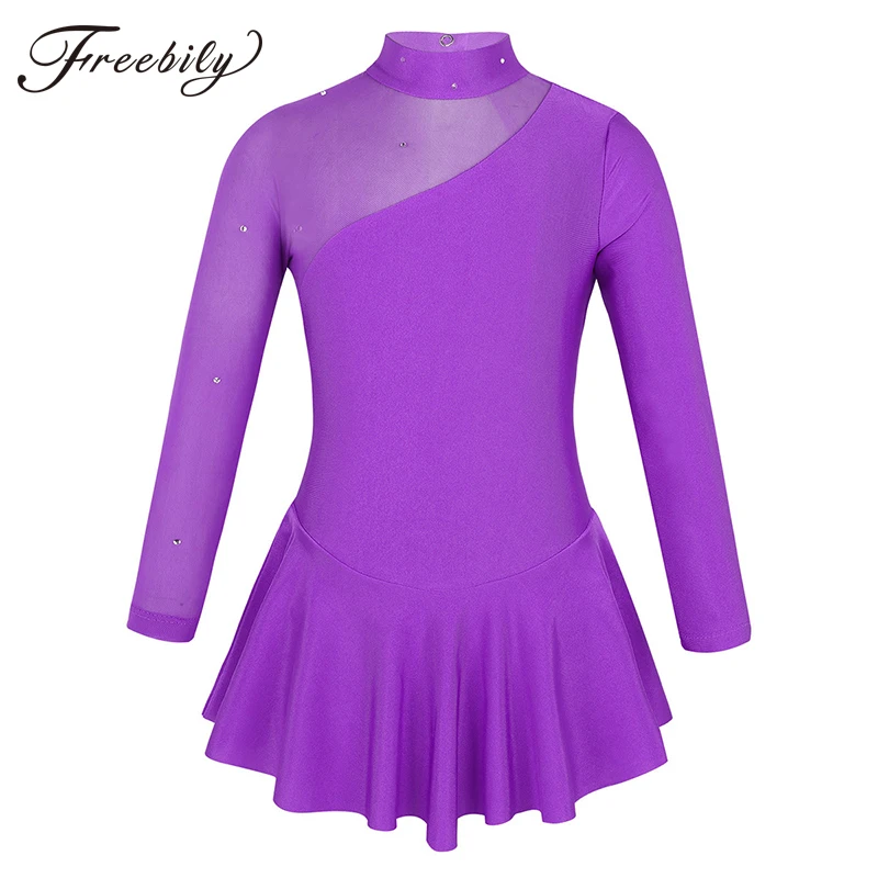 

Kids Girls Ballroom dress Figure Ice Skating Dress Rhinestone Tulle Long Sleeves Child Gymnastics Leotard Ballet Dance Costumes