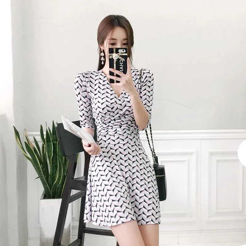 

MingJieBiHuo Fashion women print dress new arrival korean autumn temperament slim comfortable girls party v-neck elegant dress
