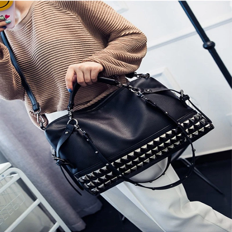 Bolsos de hombro modernos Punk para mujer, de piel sintética, con remaches cruzados y Asa superior, bolso de mano bolsos de Satchel para mujer (negro)|Bolsos de hombro| - AliExpress
