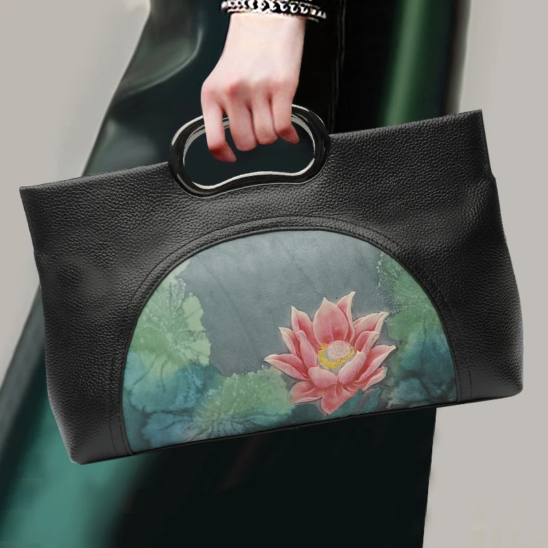 

Chinese Style Women Handbag Lotus Pattern Genuine Leather Top Leather Handle Bag for Ladies / Chain Shoulder Messenger Crossbody