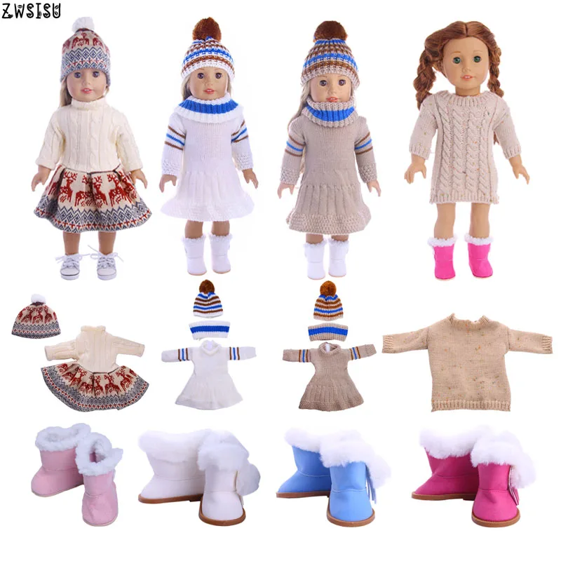 

Doll Clothes 4 Pcs Sweater+Knitted Hat & Plush Boots For 18 Inch American Doll & 43 Cm Born Doll For Generation Girl`s Christmas