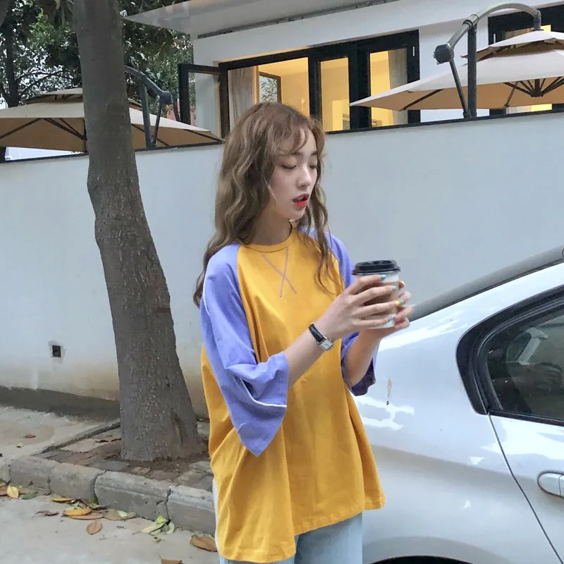 Корейская Повседневная футболка Harajuku летние женские футболки ulzzang фиолетовые белые лоскутные свободные футболки с коротким рукавом Уличная одежда