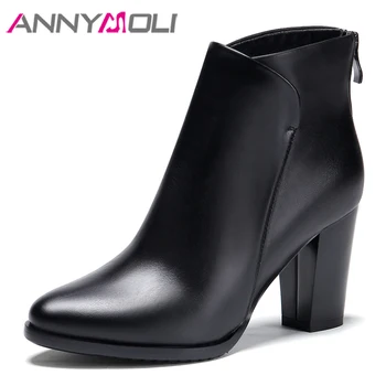 

ANNYMOLI Shoes Women Genuine Leather Ankle Boots Autumn Square High Heel Female Boots Zip Winter Handmade Leather Shoes Lady 39