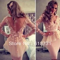 Free shipping New Celebrity dress Long sleeve V-neck Open Back Myriam fares friendTube Sheath Knee length Custom Made B01195