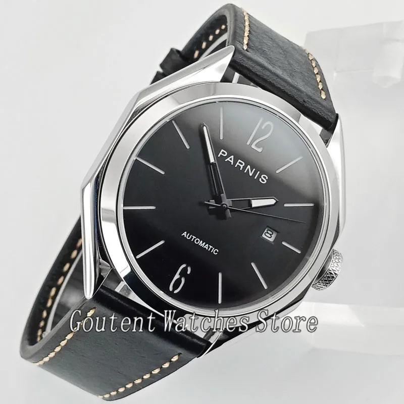 

Parnis 43mm Black Dial Sliver Steel Case Leather Band Miyota Automatic Men's Wristwatch Watch 2769