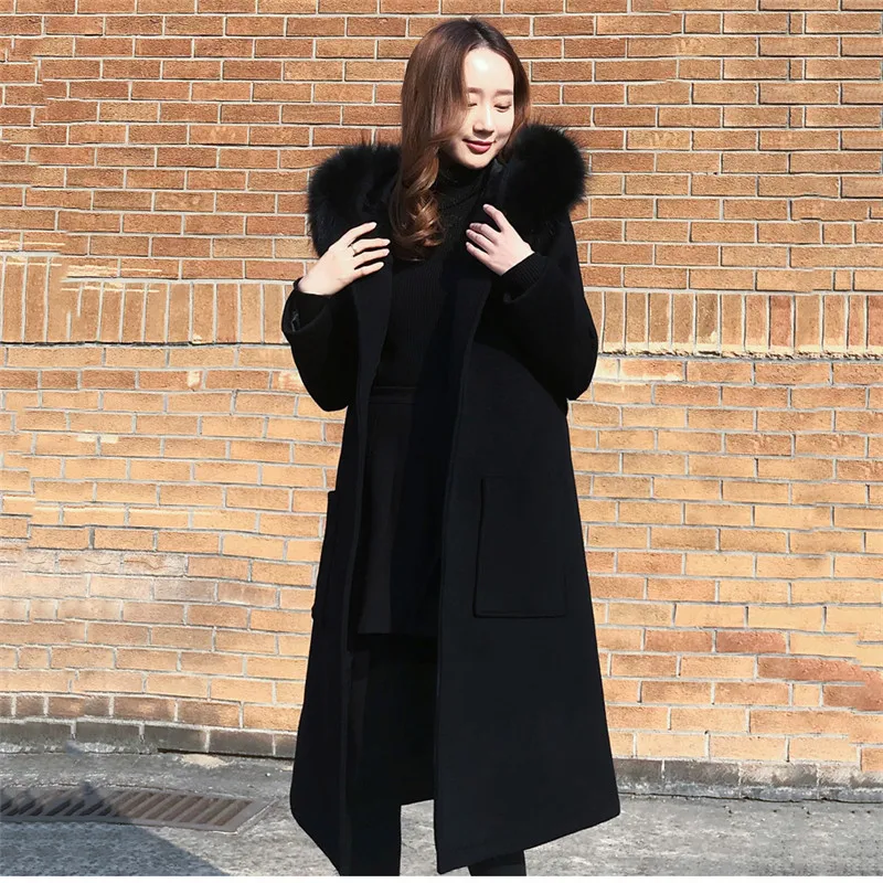

Black Woolen Coat 2018 Winter Women Jacket New Fashion With Fur Collar Hooded Outerwear Mid Long Slim Female Blends Coats DT0474