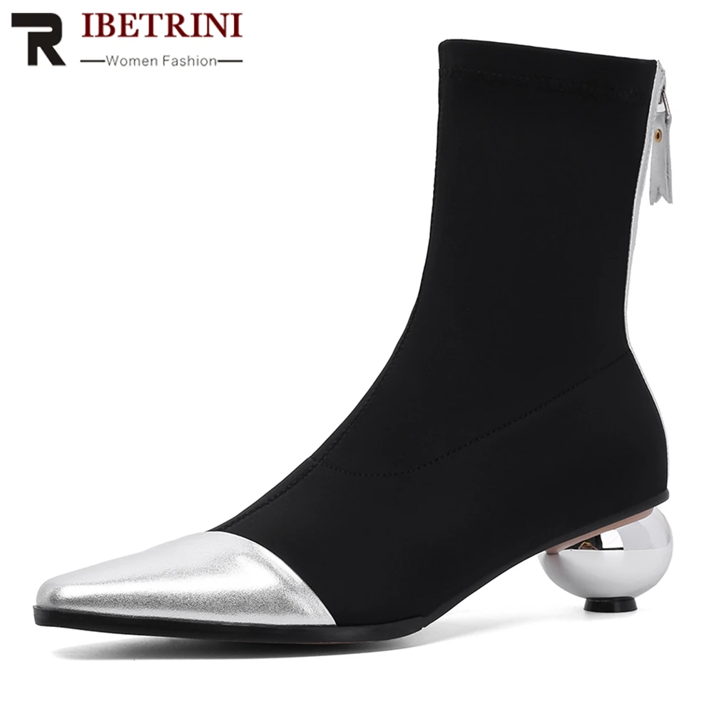 

RIBETRINI Genuine Cow Leather Hot Sale Stretch Boots Woman Shoes Strange Style Zip Up Mix Color Elegant Shoes Woman Boots Female