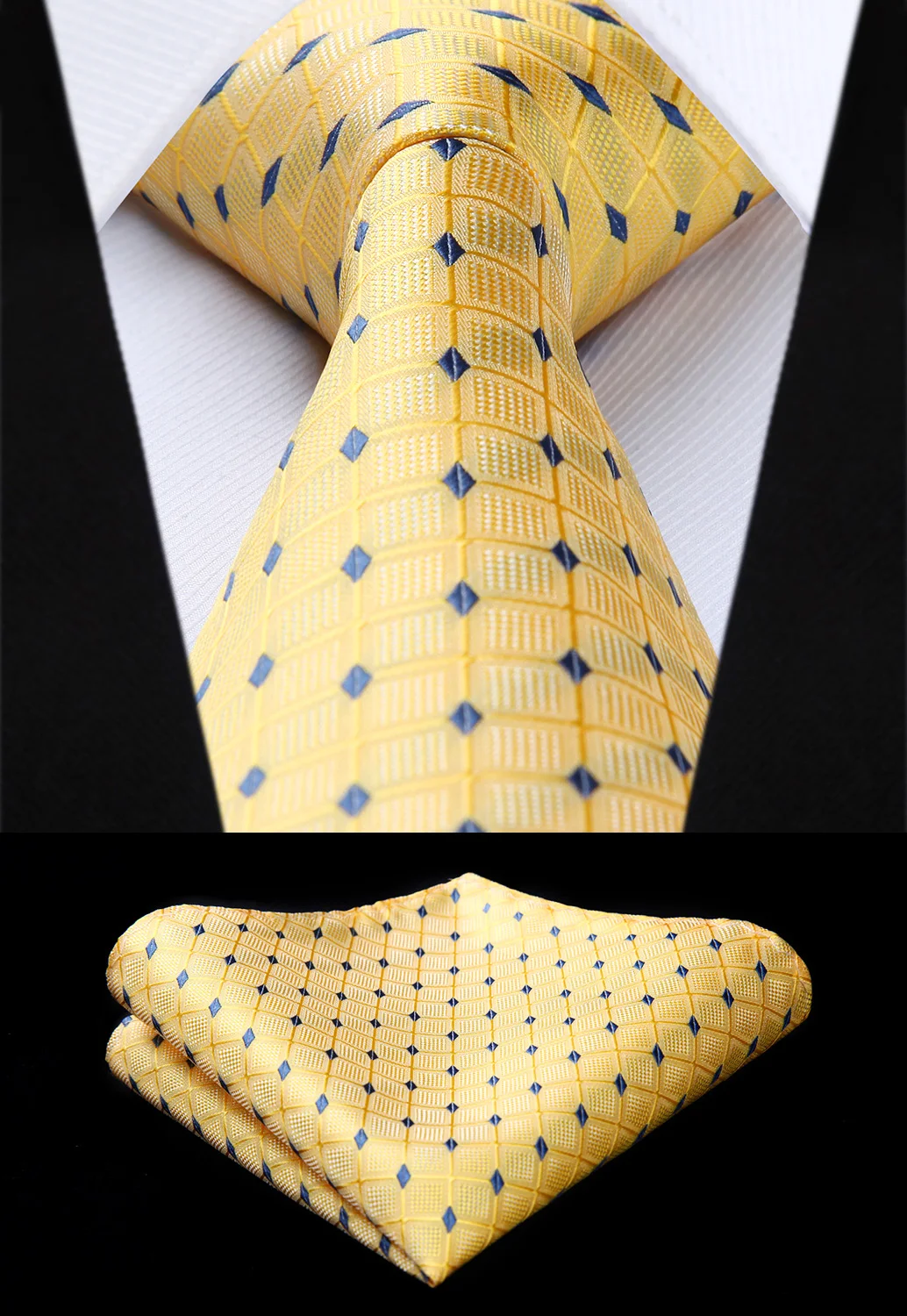 TC716Y8S Plaid Yellow Check 3.4" Silk Tie Party Wedding Handkerchief