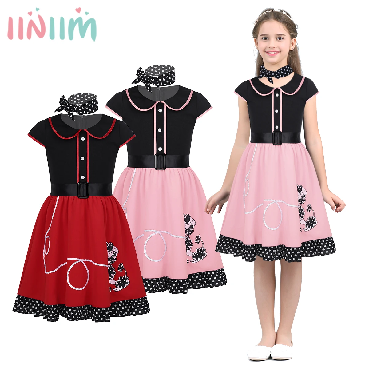 

Kids Girls Tutu Party Dress Cap Sequins Cartoon Pattern Printed Dress with Scarf for Carnival Cosplay Party Costume Dress Up