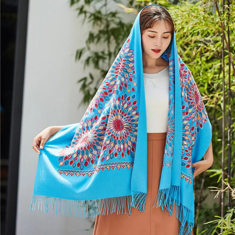 Женские толстые кашемировые шарфы Тибетский непальский шарф с цветком от солнца с вышивкой элегантная длинная шаль с кисточками теплая Пашмина вязаная женская шаль - Цвет: Озерный синий