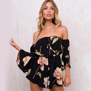 

New Trumpet Sleeve Print Strapless Playsuits Summer Beach Overalls Women Off Shoulder Bandage Wrap Jumpsuits&Rompers
