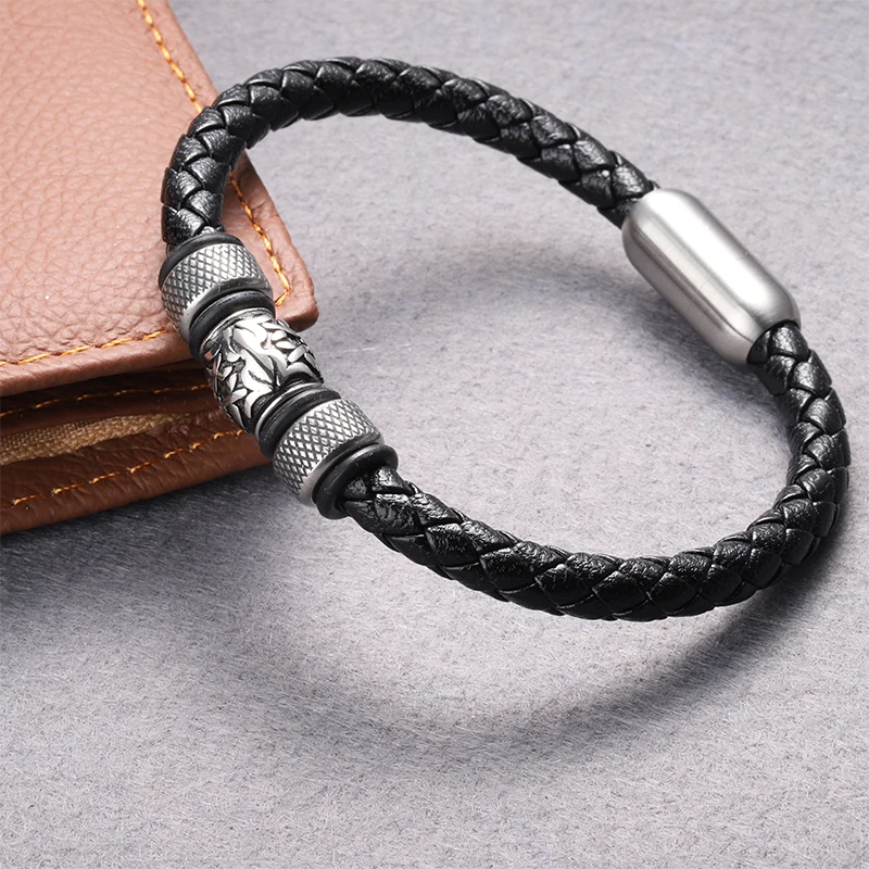 

Singreal Punk Black Braided Genuine Leather Bracelet for Men Jewelry Stainlees Steel Engraved Bracelets&Bangles Men Jewelry