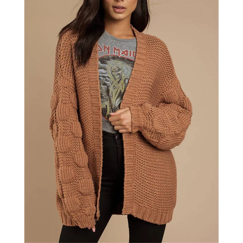 

Women Autumn Winter Loose Knitted Cardigan Puff Sleeve Warm Female Casual Solid Streetwear European Style Knitwear SJ3505U