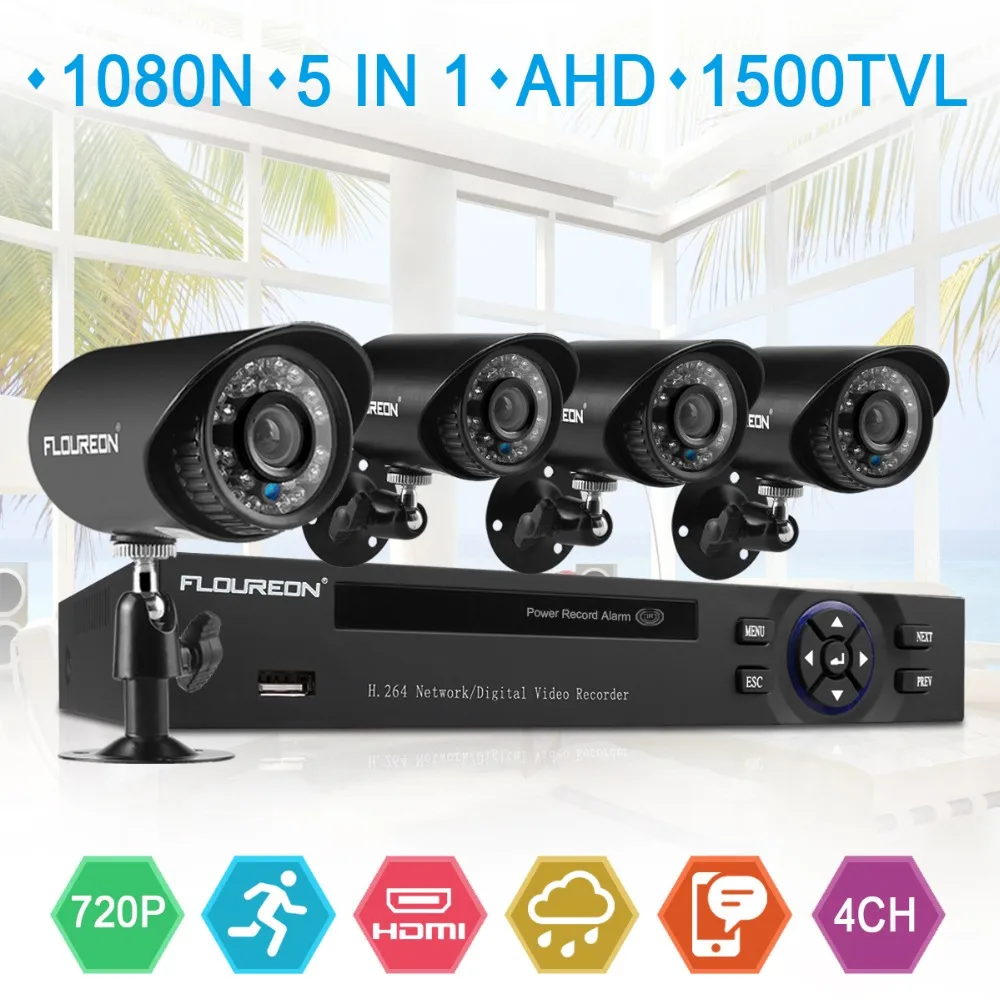 Камера видеонаблюдения FLOUREON 4CH 1080N 5 в 1 HDMI AHD TVI DVR 4 шт. 1500TVL инфракрасная камера