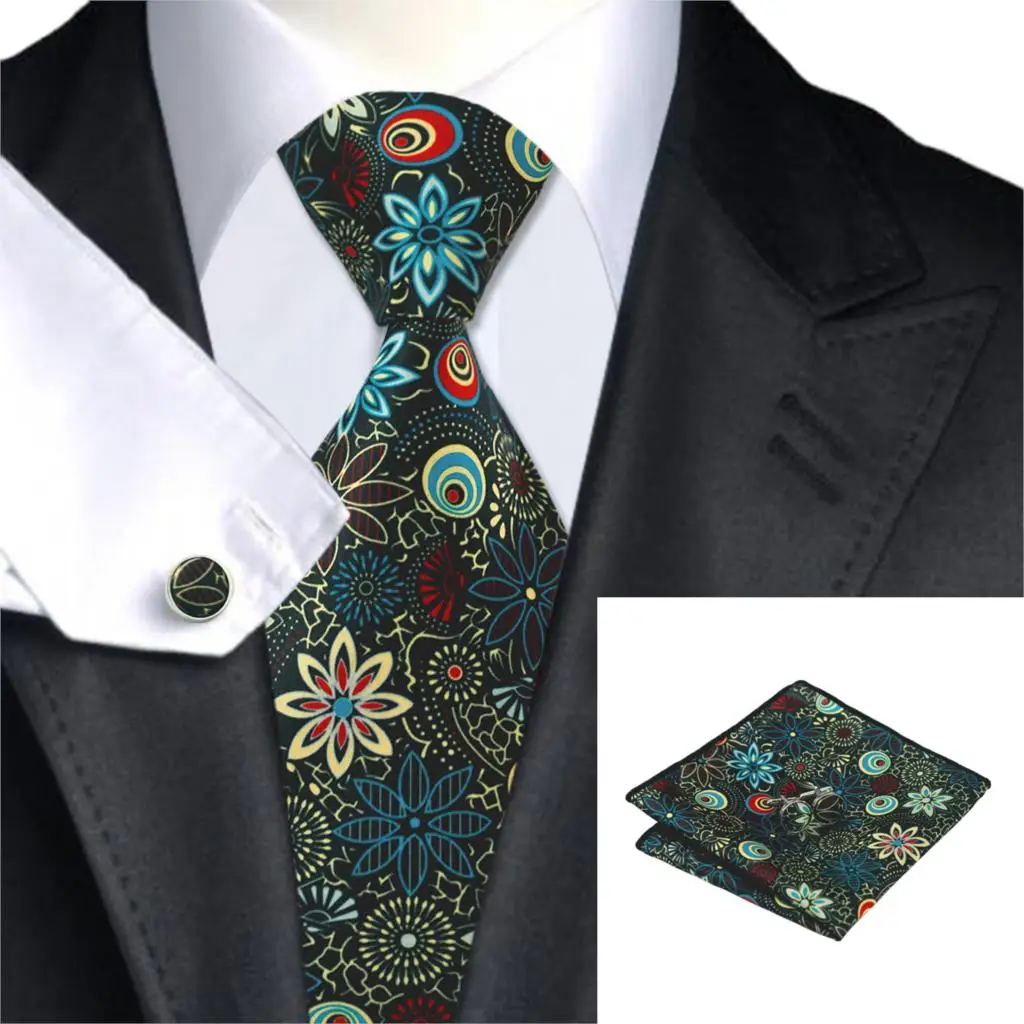 Vintage Print Necktie Set Floral Mens Tie Hanky Cufflinks Wedding Tie
